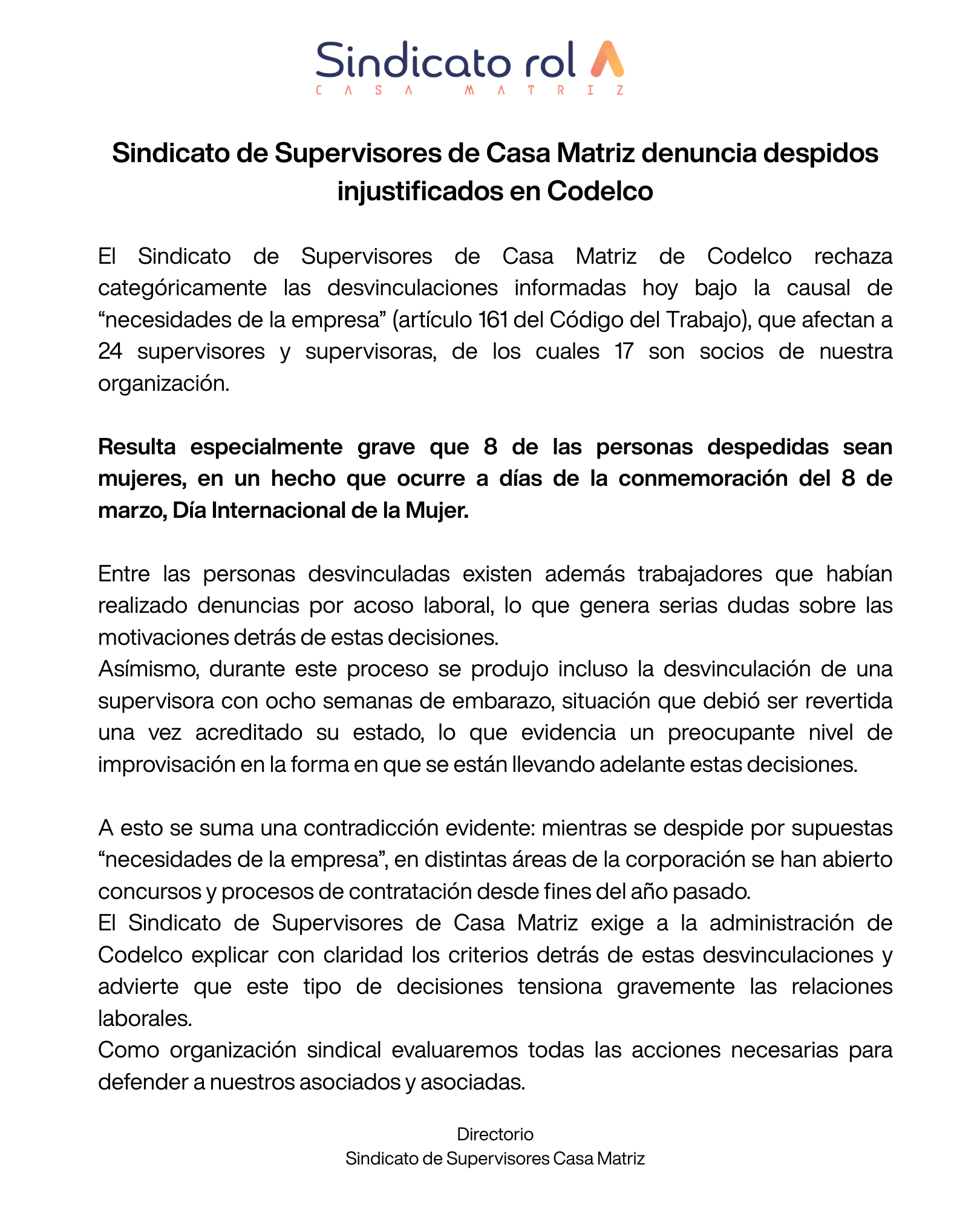 Comunicado Despidos Casa Matriz